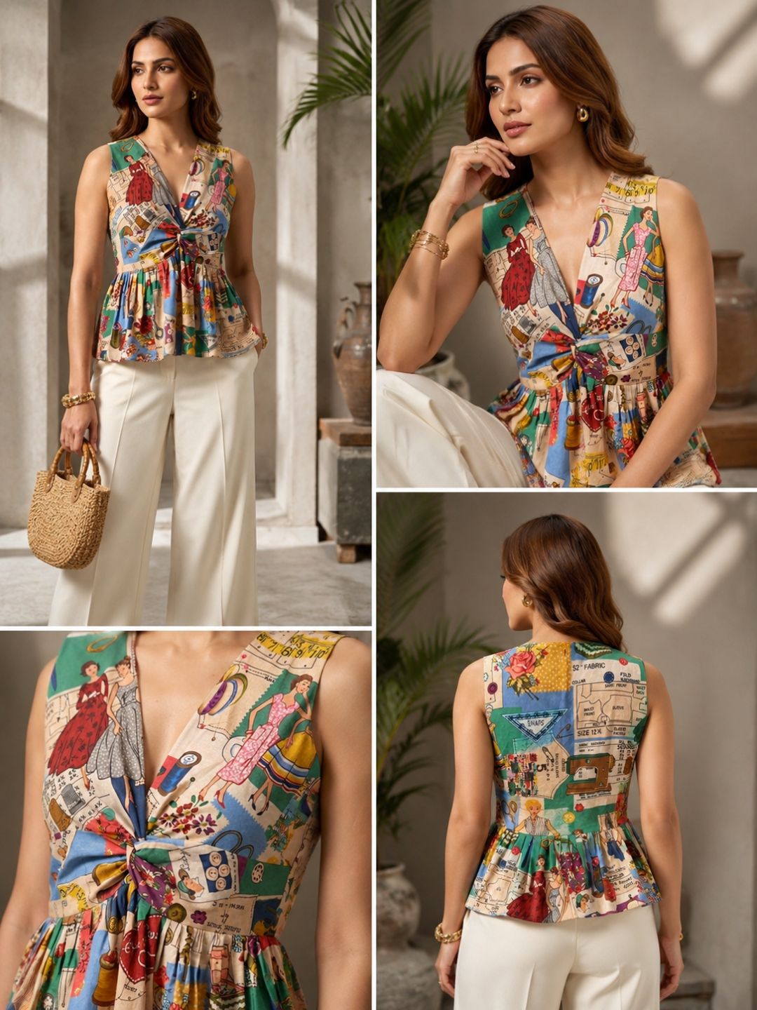 Vintage Art Print Sleeveless Peplum Top for Women | V-Neck Knot Detail Summer Top