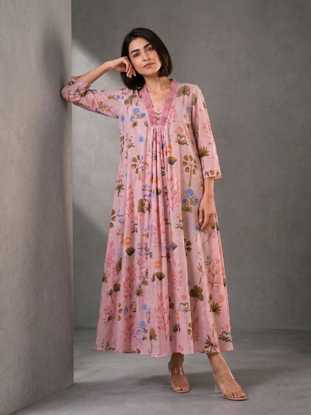 Blush Pink Floral Printed Cotton Maxi Dress for Women