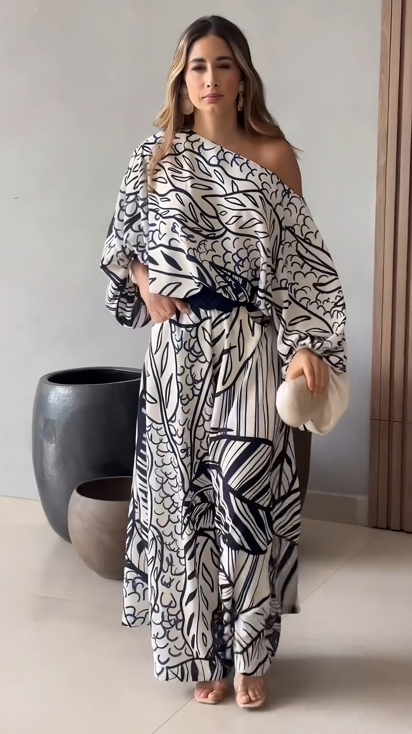 Stylish Leaf-Patterned Blue Printed Off-Shoulder Korean BSY Co-ord Set
