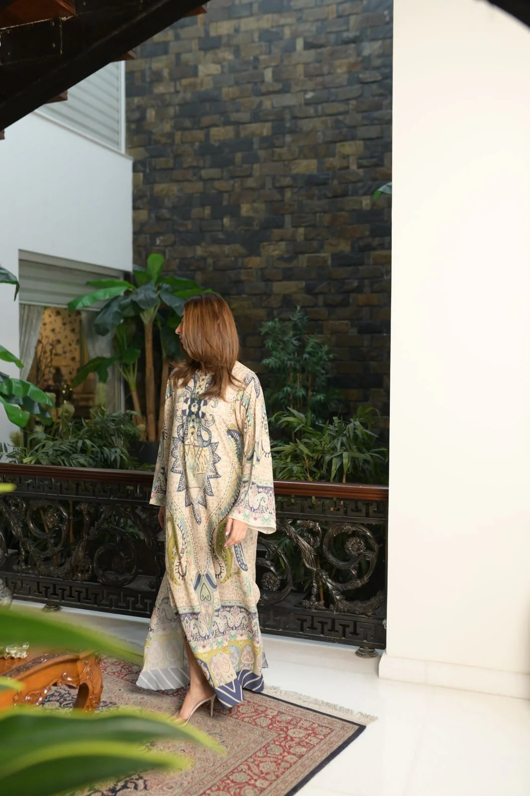 Printed Kaftan Maxi Dress - Beige & Blue Ethnic Print