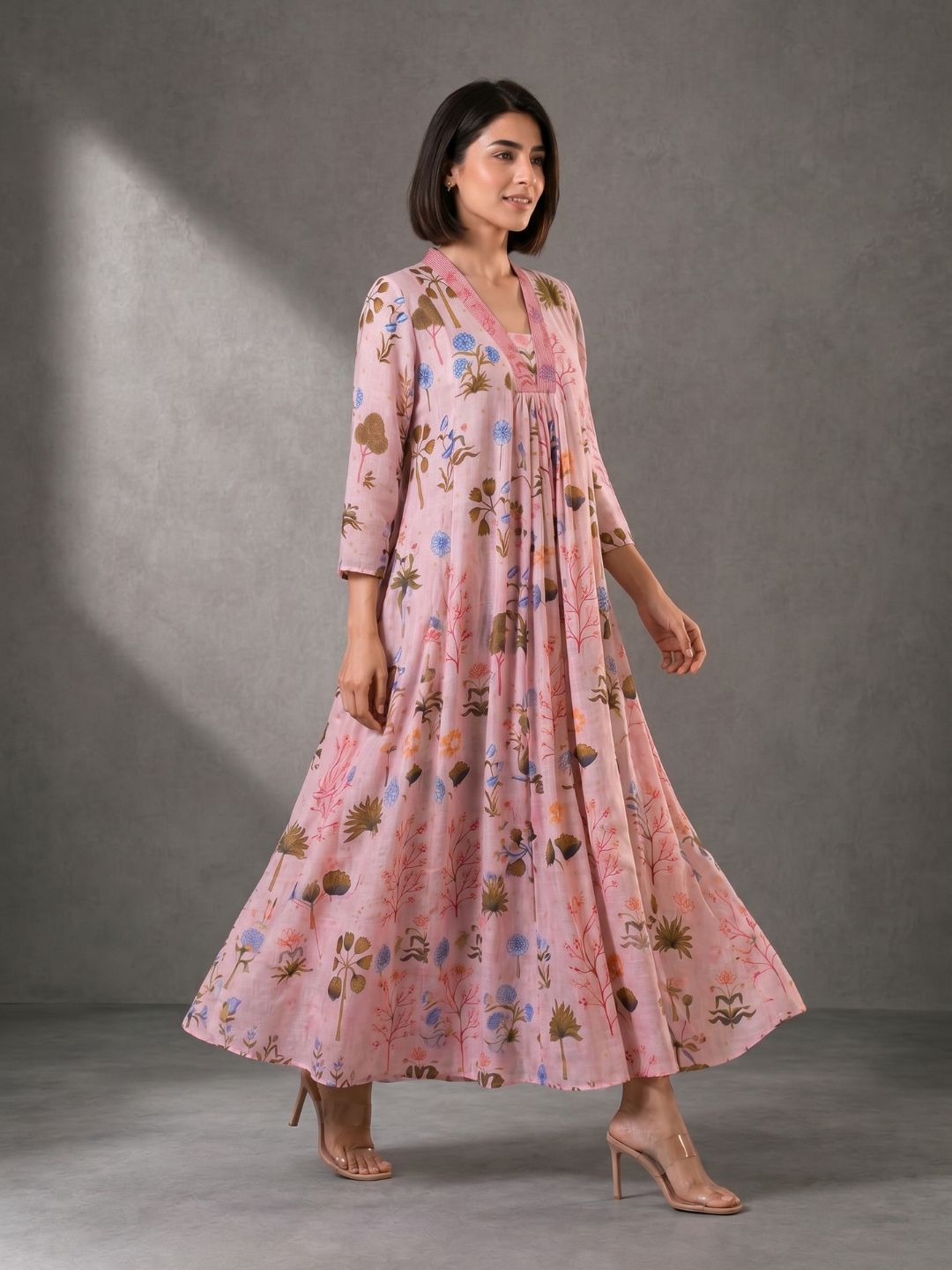 Blush Pink Floral Printed Cotton Maxi Dress for Women