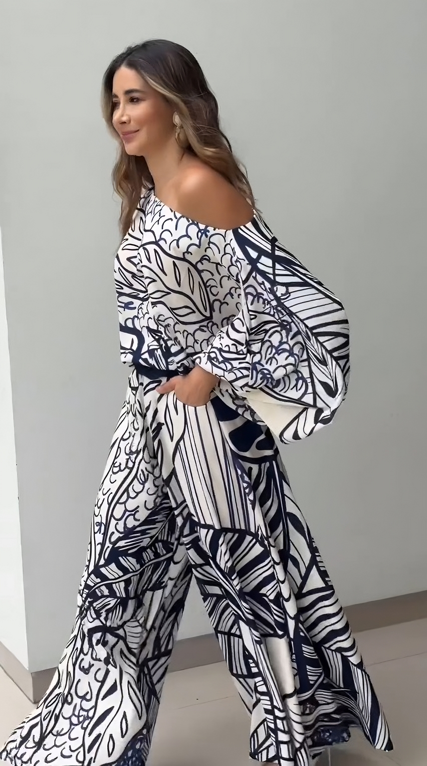Stylish Leaf-Patterned Blue Printed Off-Shoulder Korean BSY Co-ord Set