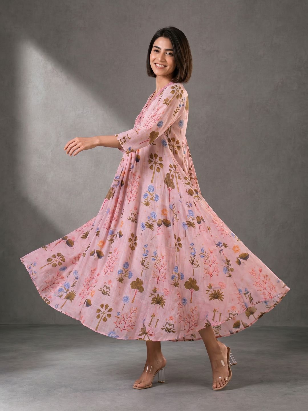 Blush Pink Floral Printed Cotton Maxi Dress for Women