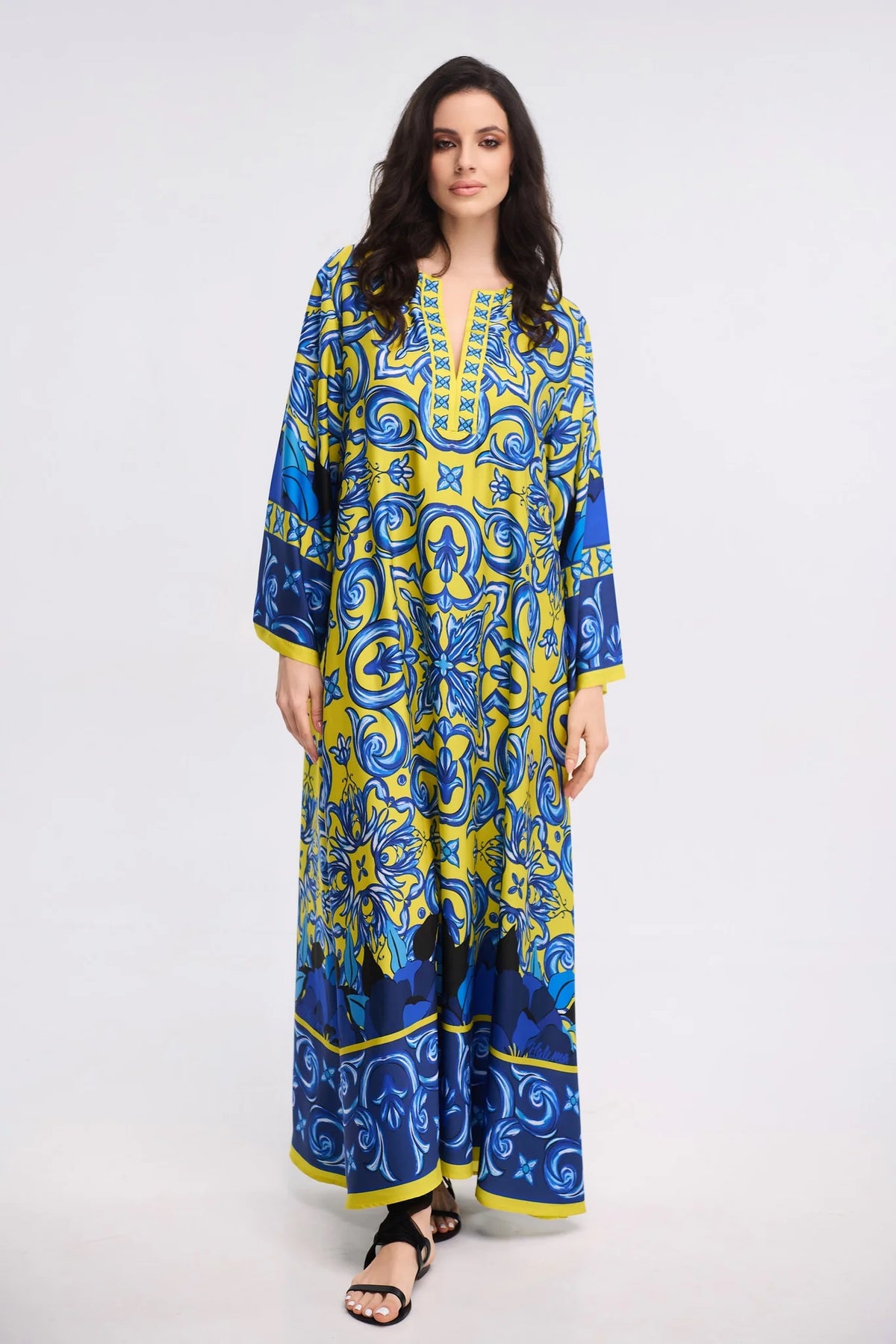 Yellow Blue Majolica Print Maxi Kaftan Dress – V-Neck Bell Sleeve Gown