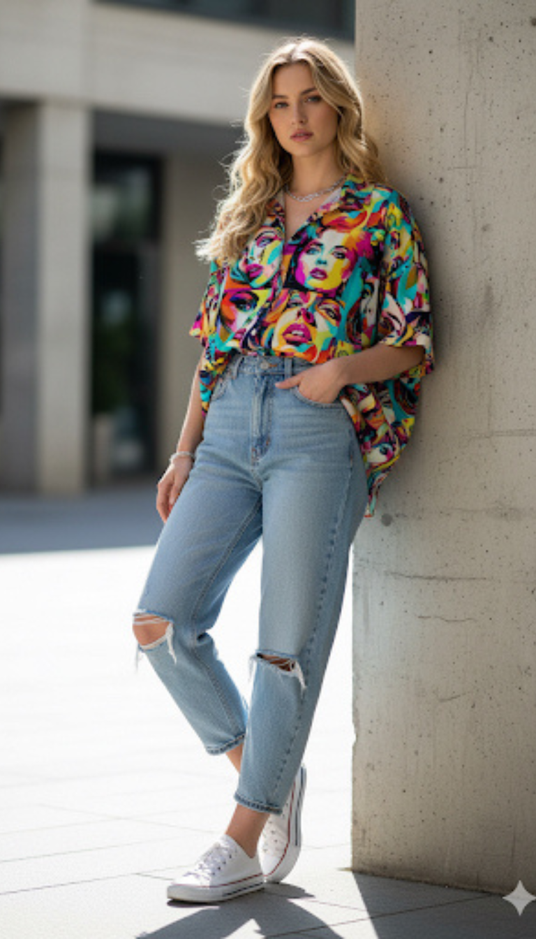 Pop Art Expression Oversized Shirt – Vibrant Faces Print