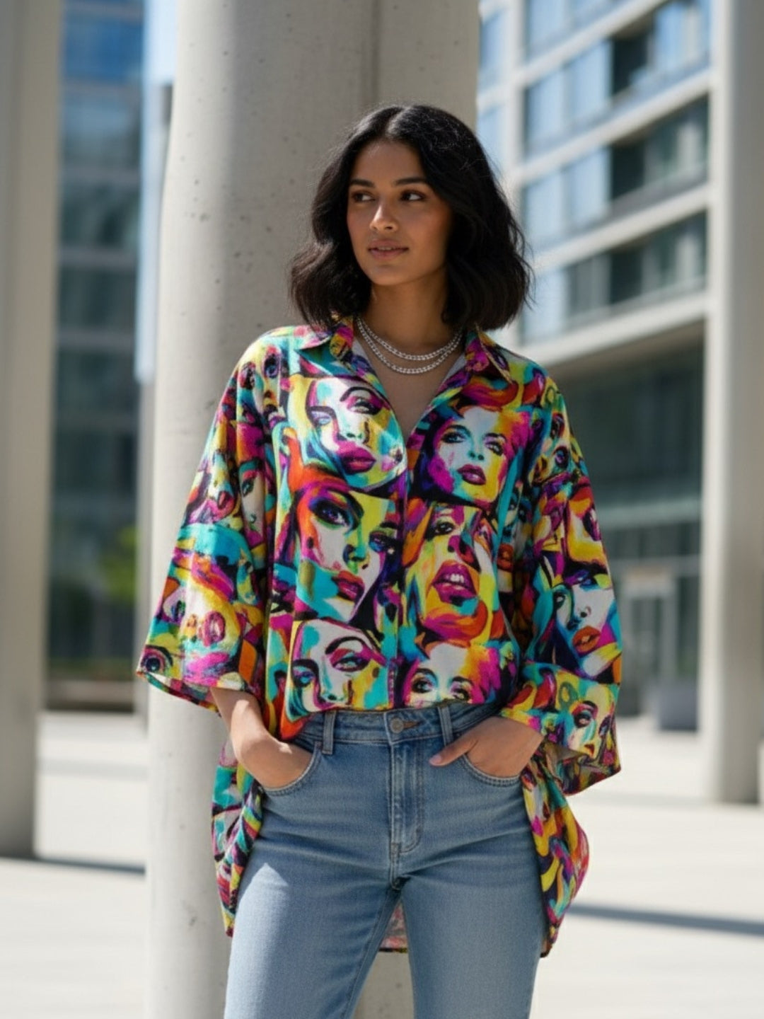 Vibrant Pop Art Face Print Oversized Button-Up Shirt for Women