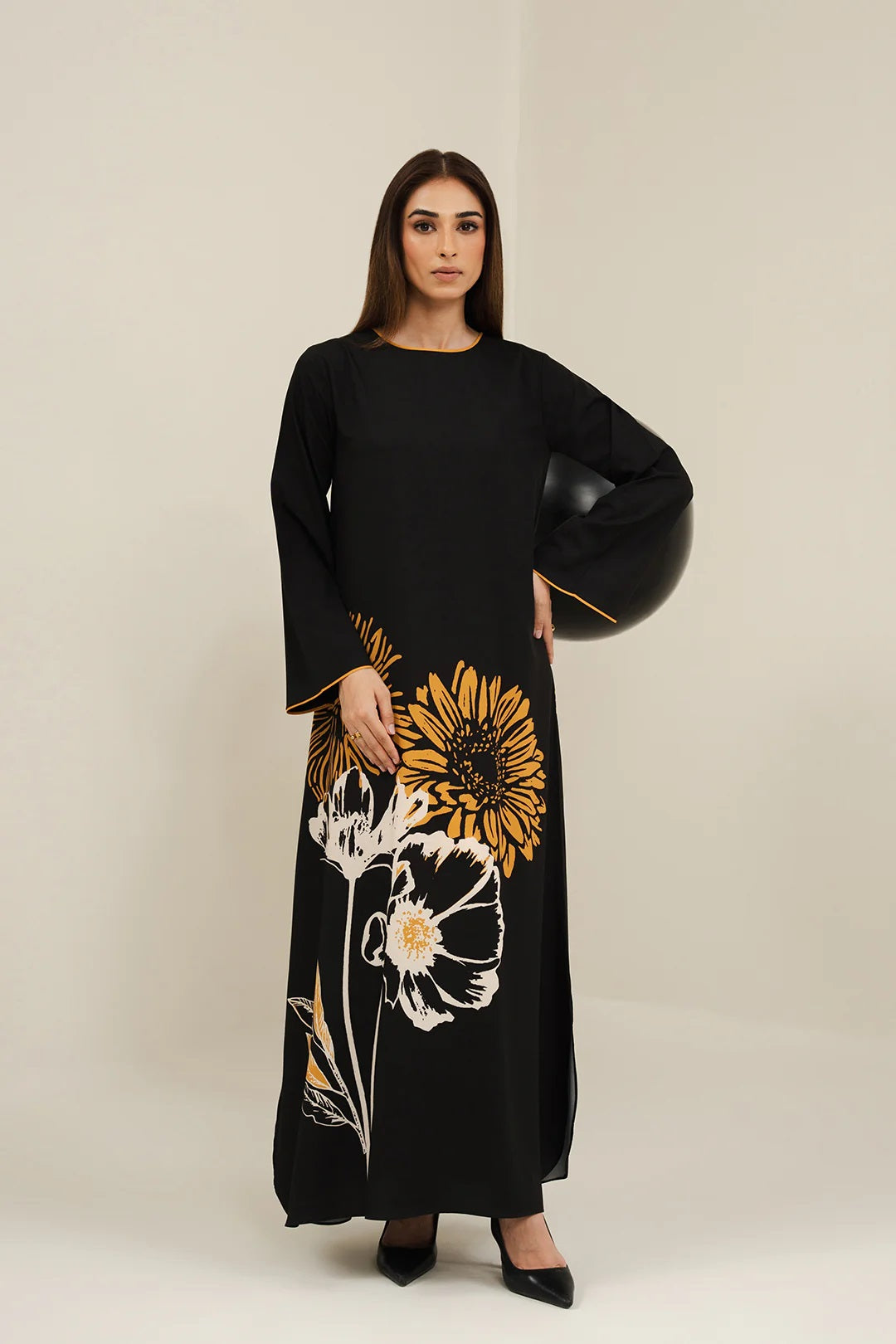 Black Sunflower Print Maxi Dress – Round Neck Bell Sleeve A-Line Gown