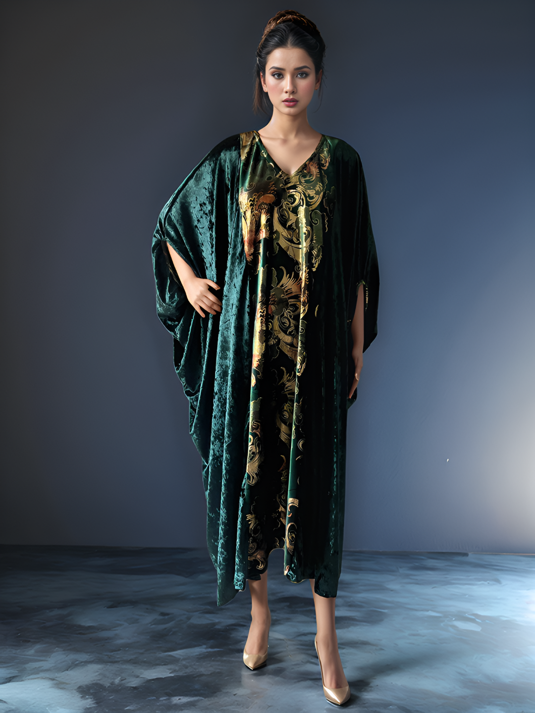 Elegant Green Velvet Kaftan Dress with Golden Embellishments – Piaah