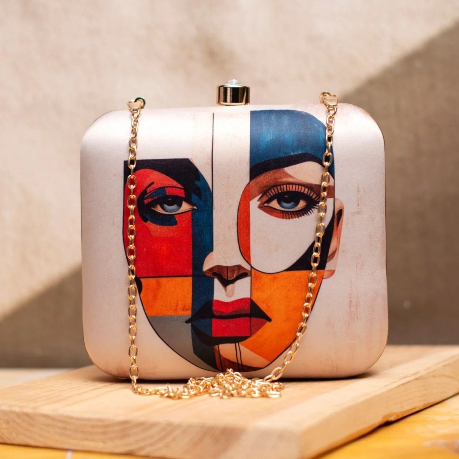 Abstract Cubist Face Print Hard Case Clutch Bag with Gold Chain