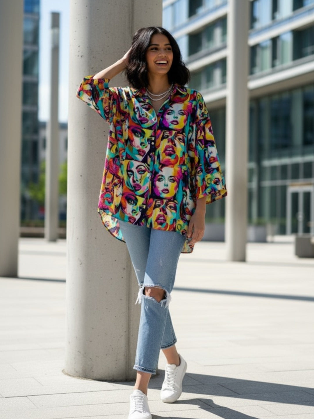 Vibrant Pop Art Face Print Oversized Button-Up Shirt for Women