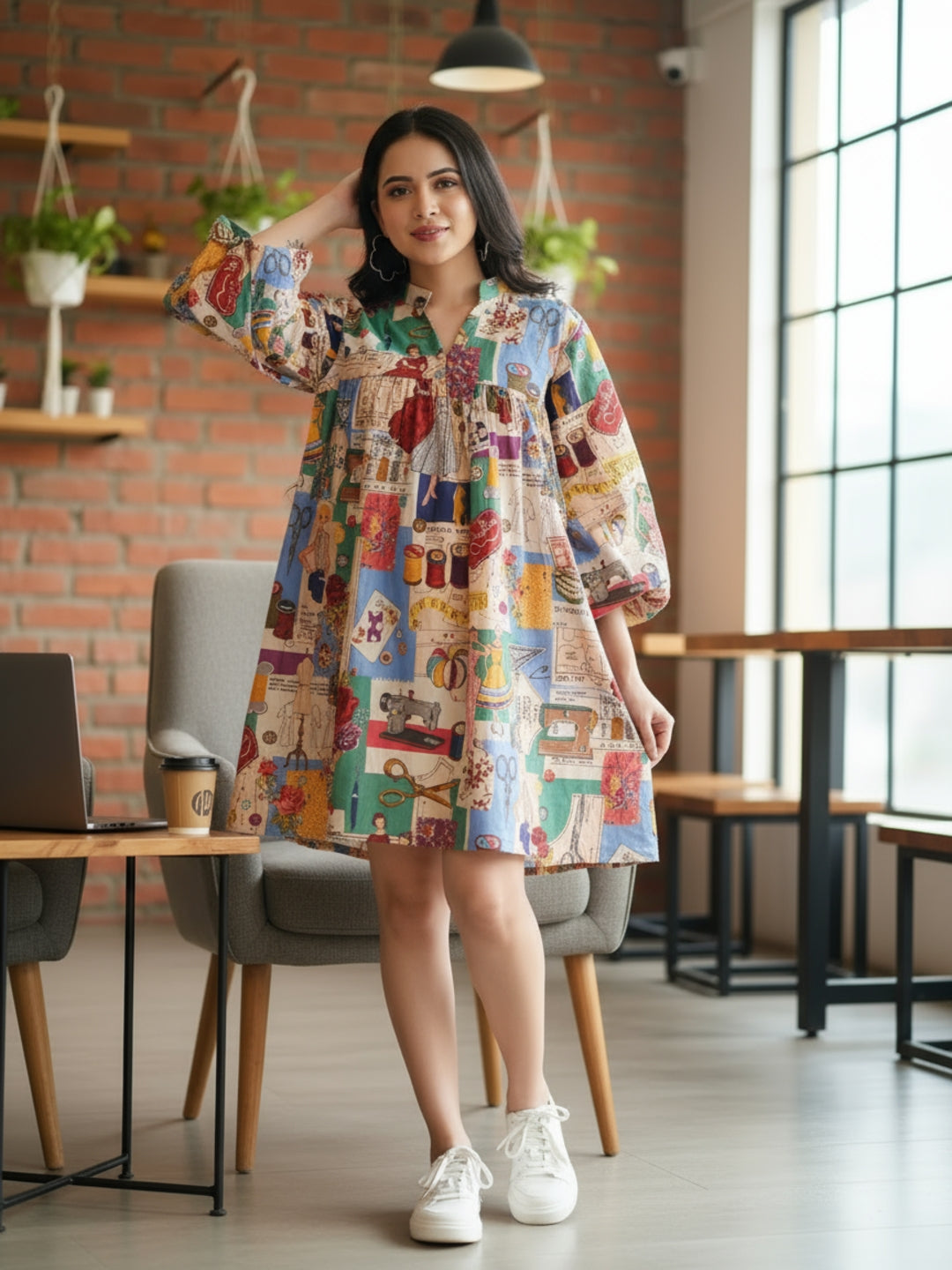 Boho Tailor Print Retro Studio Theme Bell Sleeve Mini Dress for Women - Chic V-Neck Loose Fit A-Line Short Dress with Unique Artistic Print