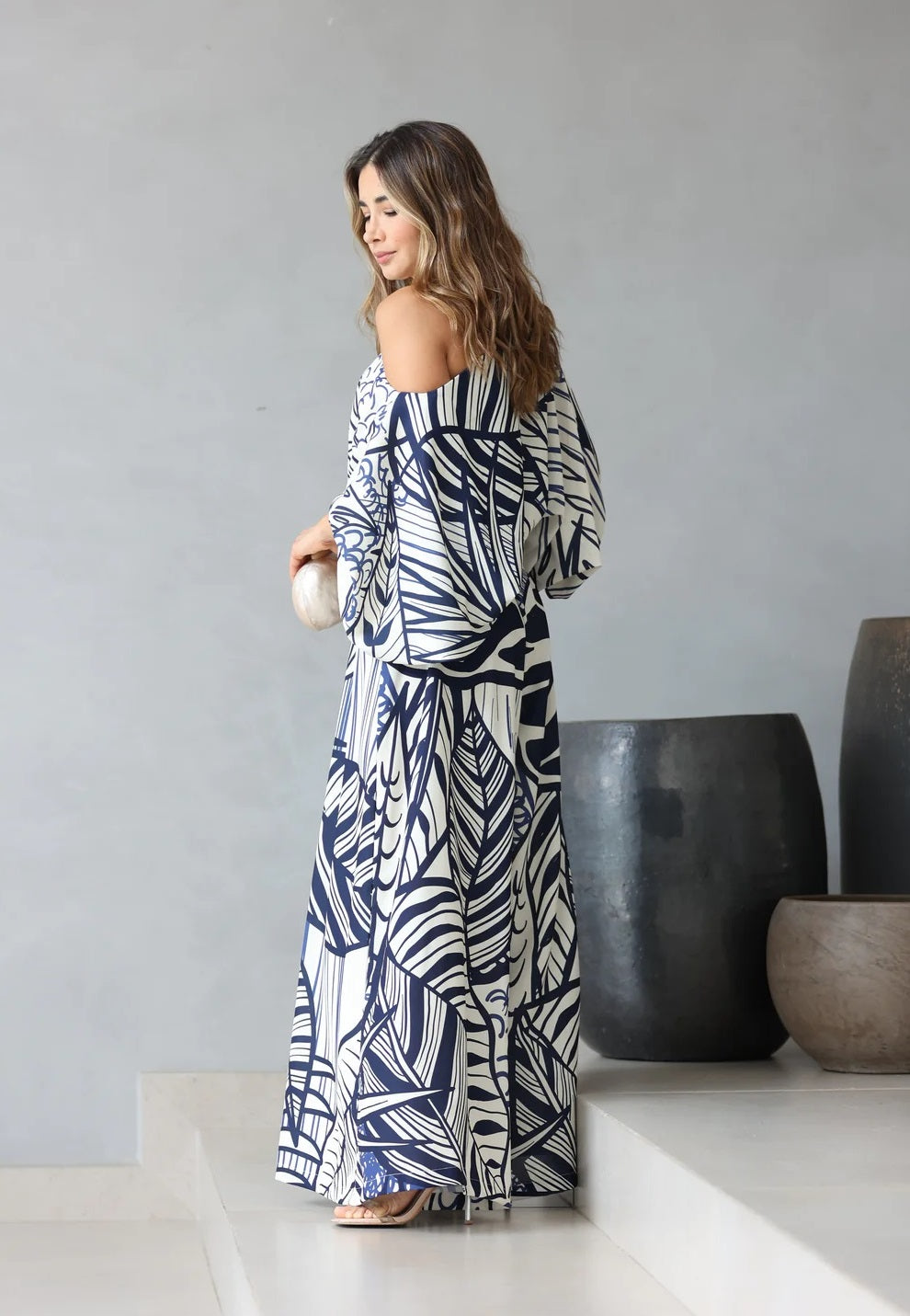 Stylish Leaf-Patterned Blue Printed Off-Shoulder Korean BSY Co-ord Set