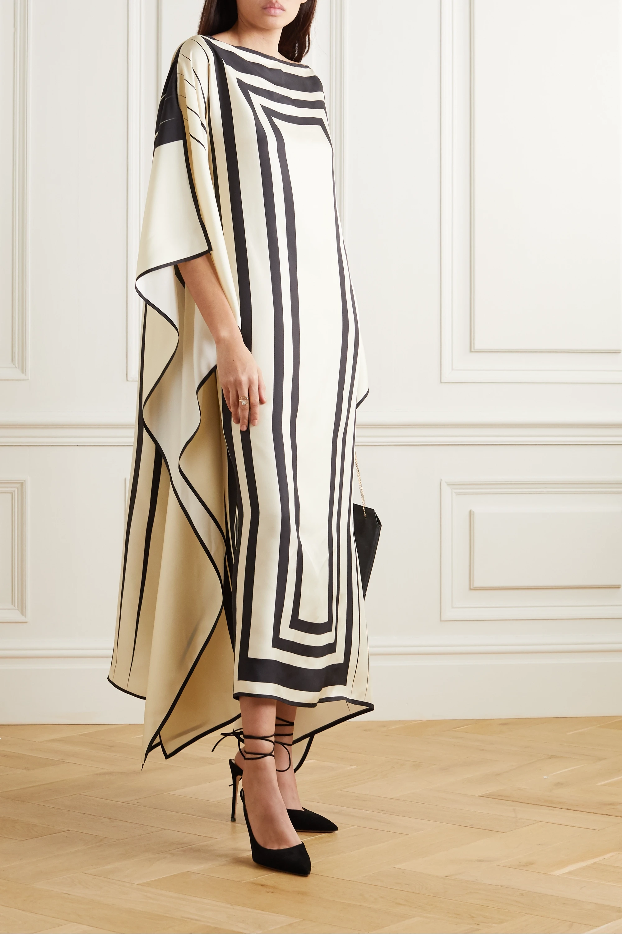 Luxurious Soft Satin Kaftan Dress in Elegant Black & Beige