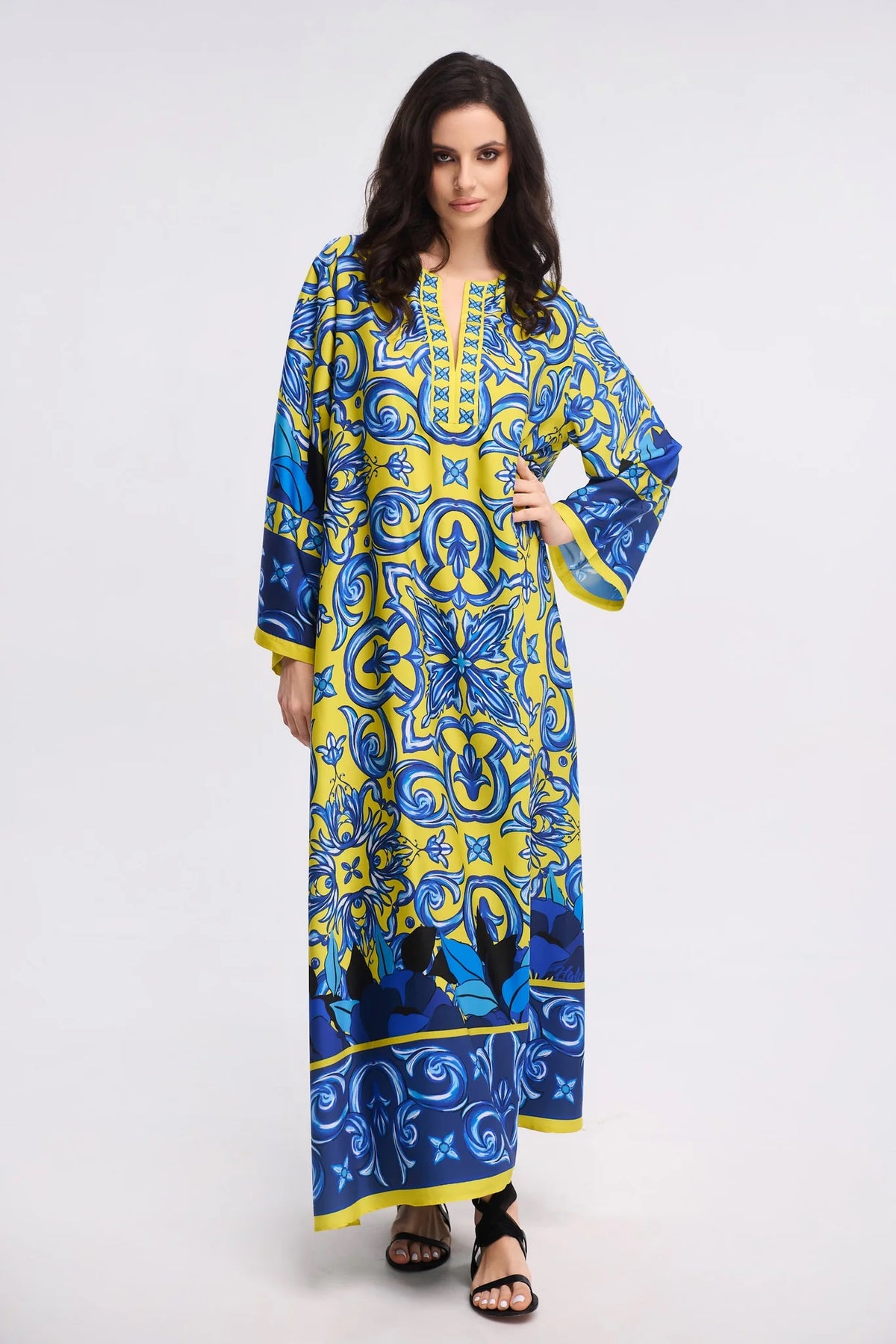 Yellow Blue Majolica Print Maxi Kaftan Dress – V-Neck Bell Sleeve Gown