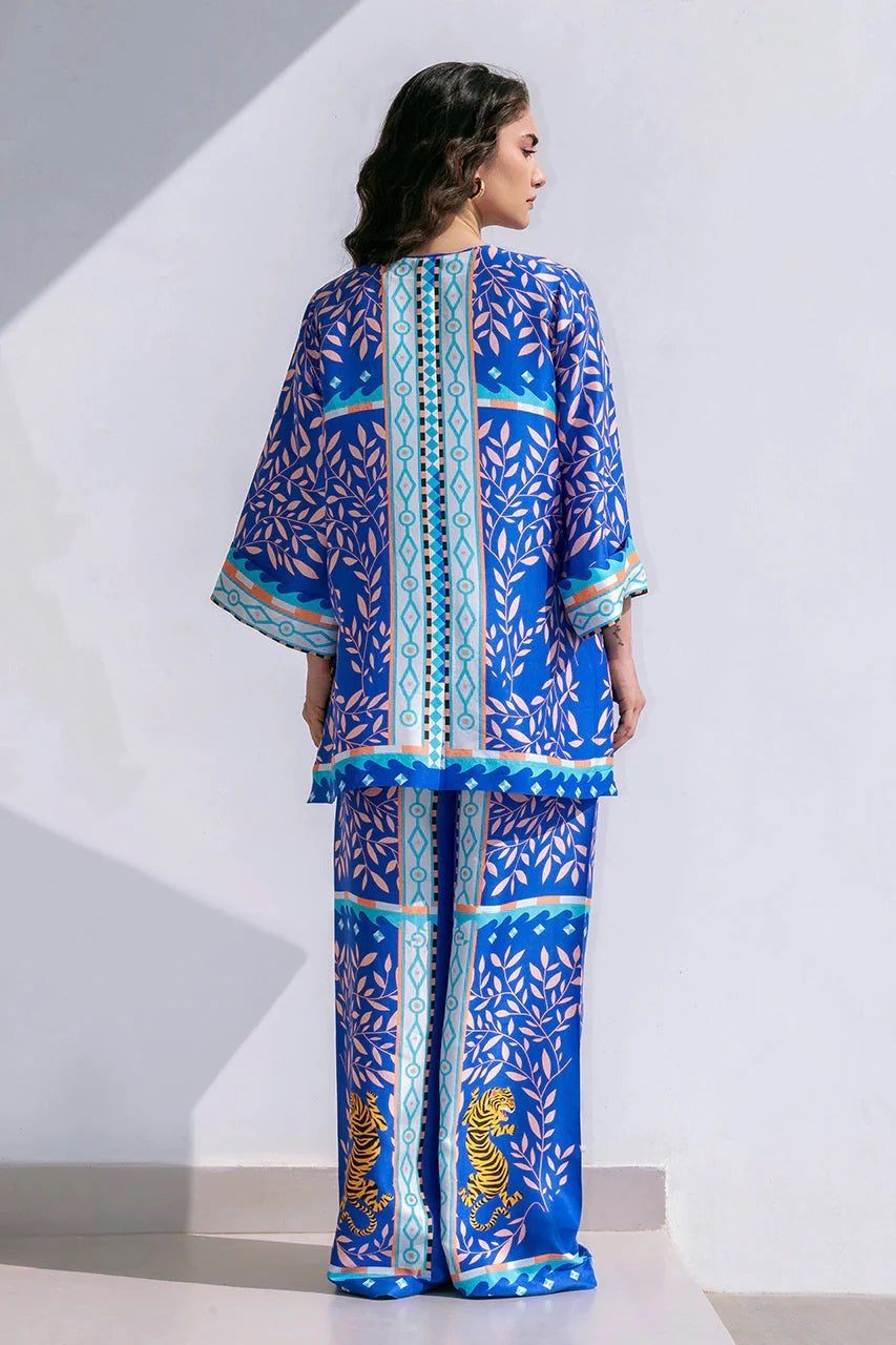 Royal Blue Tiger Print Co-Ord Set – Kaftan Style Kurta & Wide-Leg Pants
