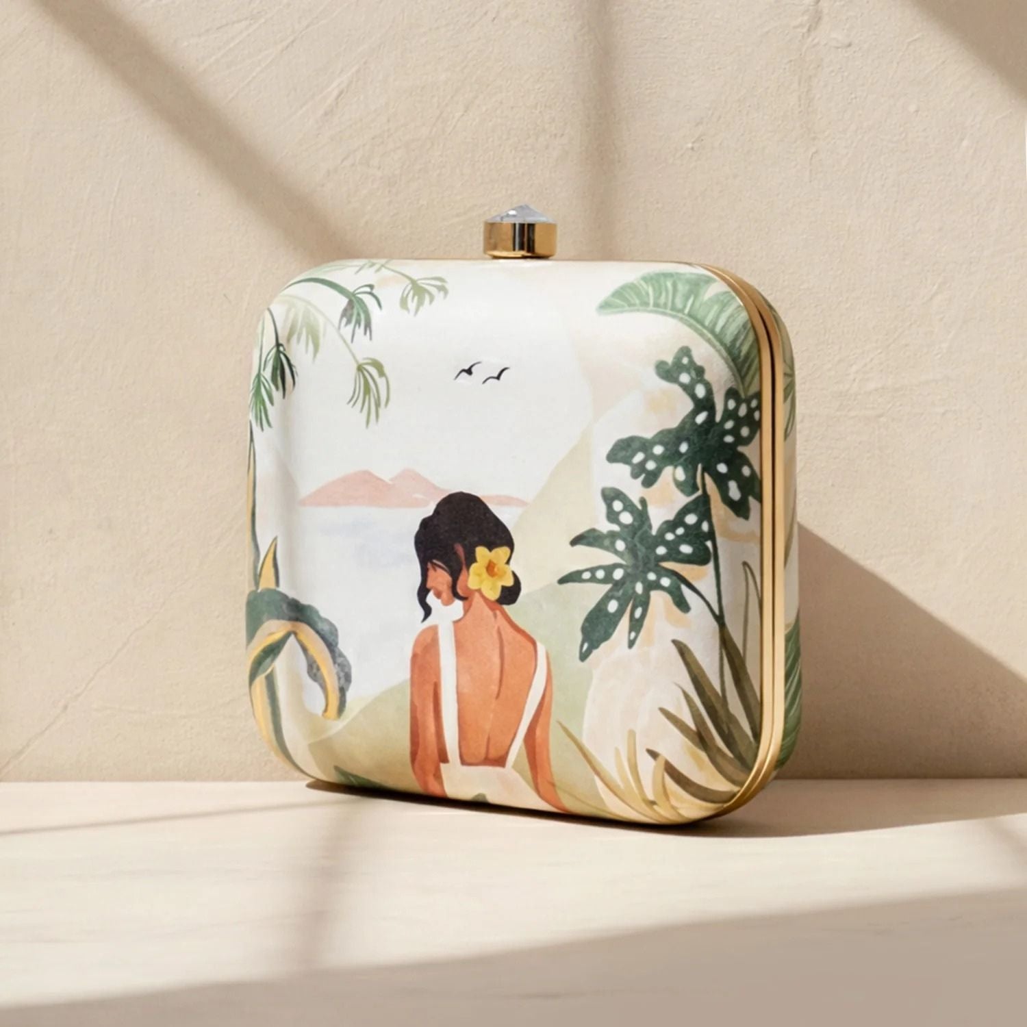 Tropical Paradise Print Hard Case Clutch Bag with Gold Chain