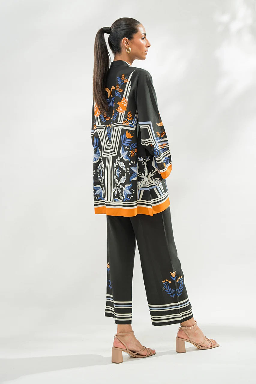 Black Floral Border Print Co-Ord Set – Mandarin Collar Tunic & Straight Pants