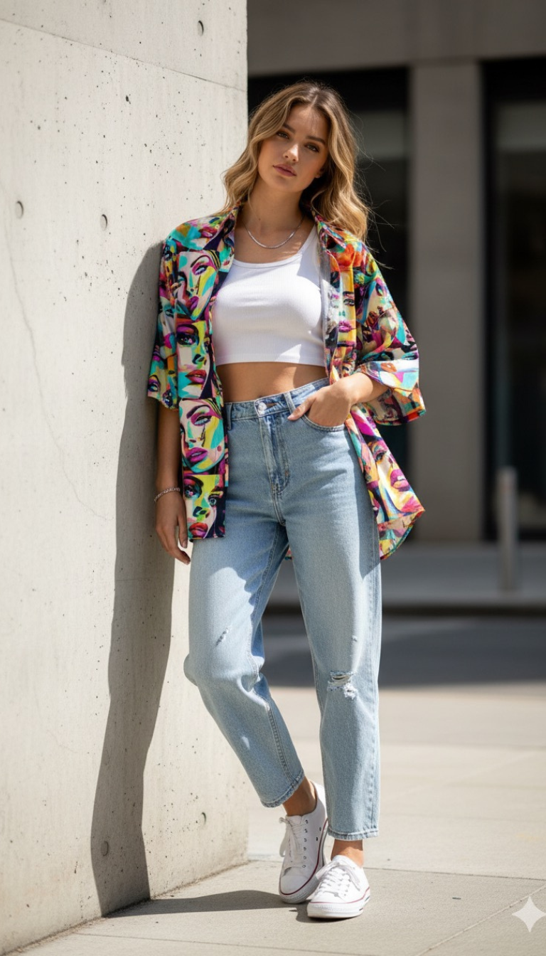 Pop Art Expression Oversized Shirt – Vibrant Faces Print