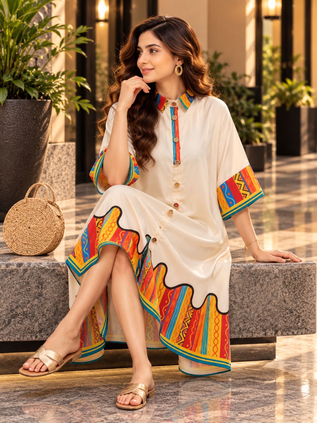 Rainbow Printed Cotton Linen High-low Dress with Flared Hem & Statement Sleeves