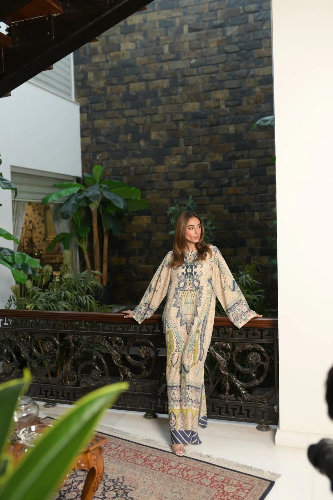 Printed Kaftan Maxi Dress - Beige & Blue Ethnic Print