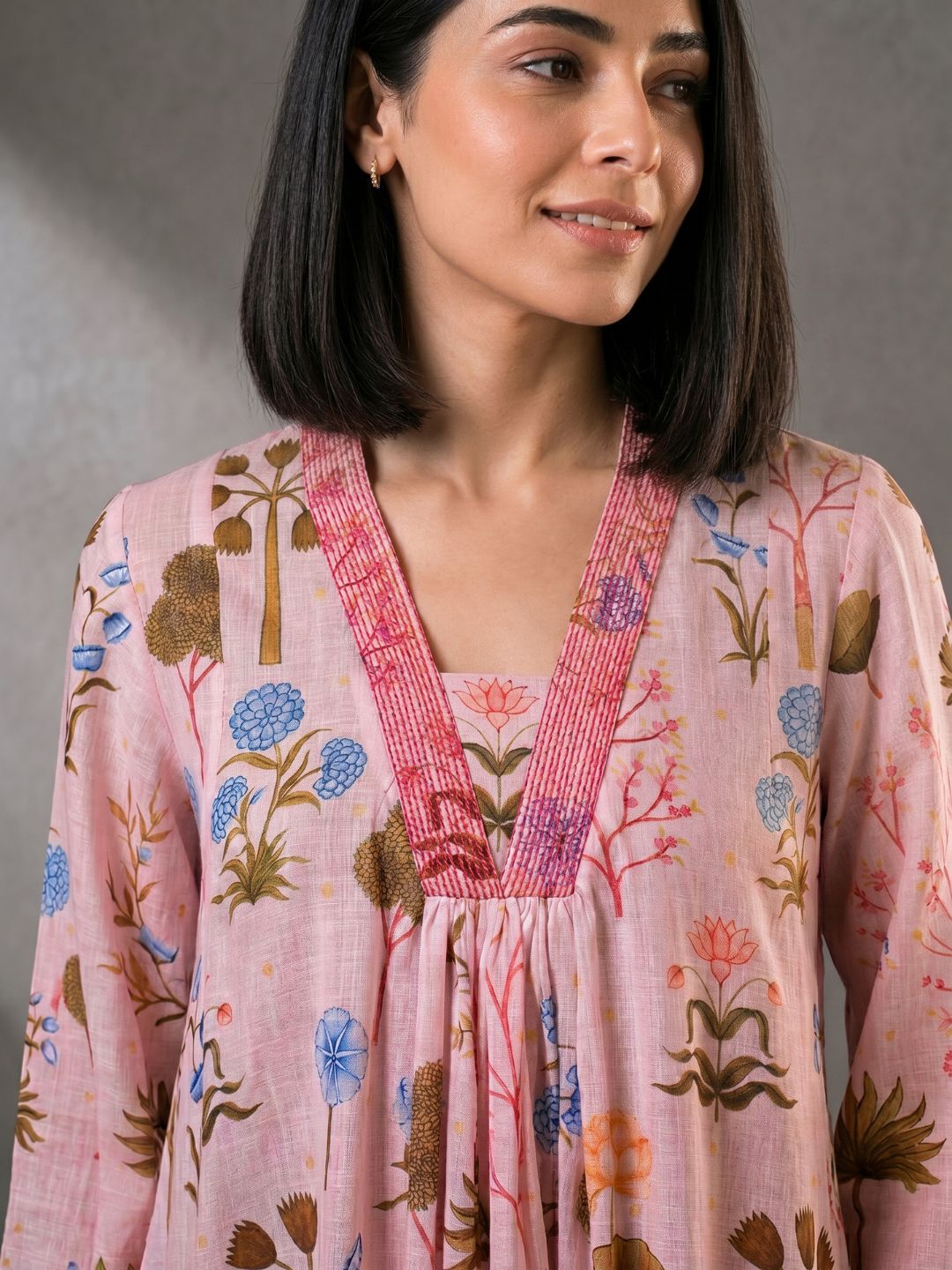 Blush Pink Floral Printed Cotton Maxi Dress for Women
