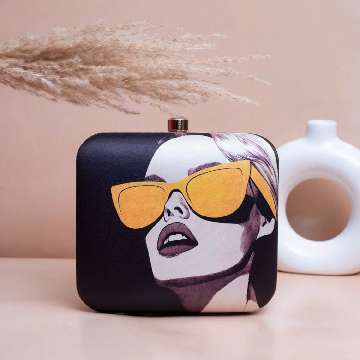Chic Monochrome Fashion Print Hard Case Clutch Bag with Gold Chain
