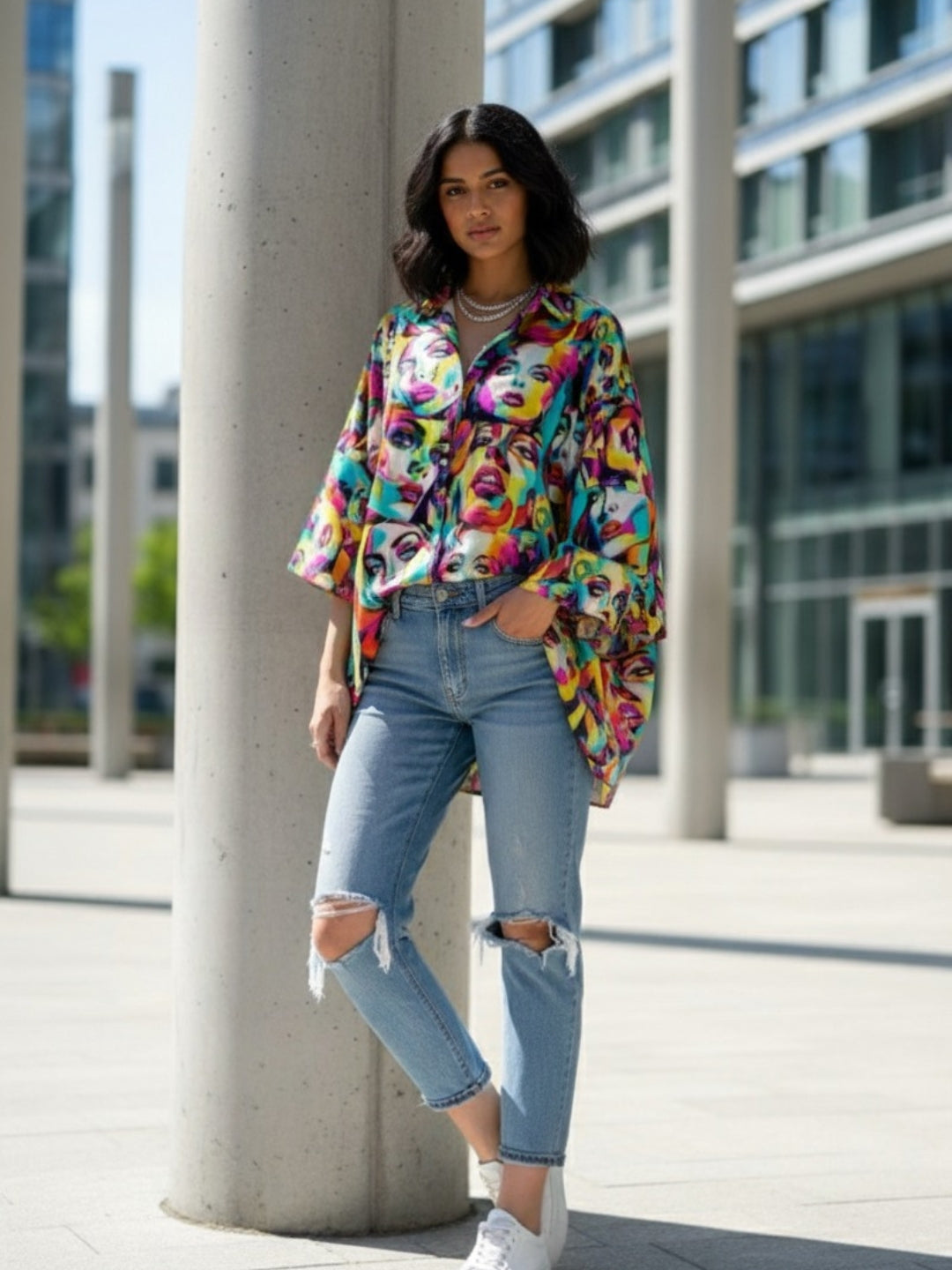 Vibrant Pop Art Face Print Oversized Button-Up Shirt for Women