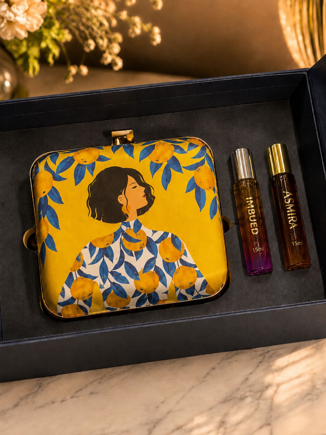 Floral Art Vanity Clutch with 2 × 15ml Fragrance Gift Set