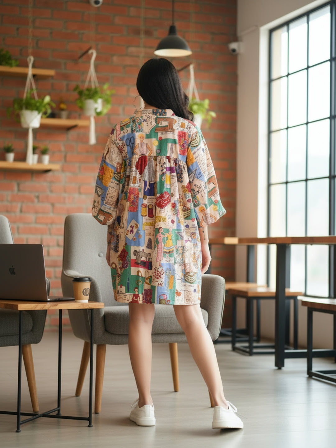Boho Tailor Print Retro Studio Theme Bell Sleeve Mini Dress for Women - Chic V-Neck Loose Fit A-Line Short Dress with Unique Artistic Print