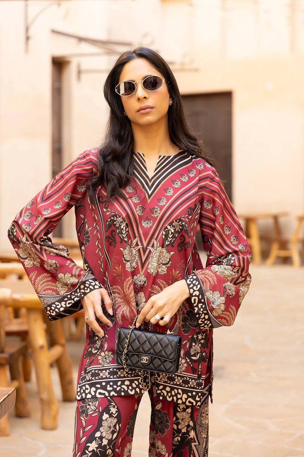 Maroon & Black Digital Print Two-Piece Suit