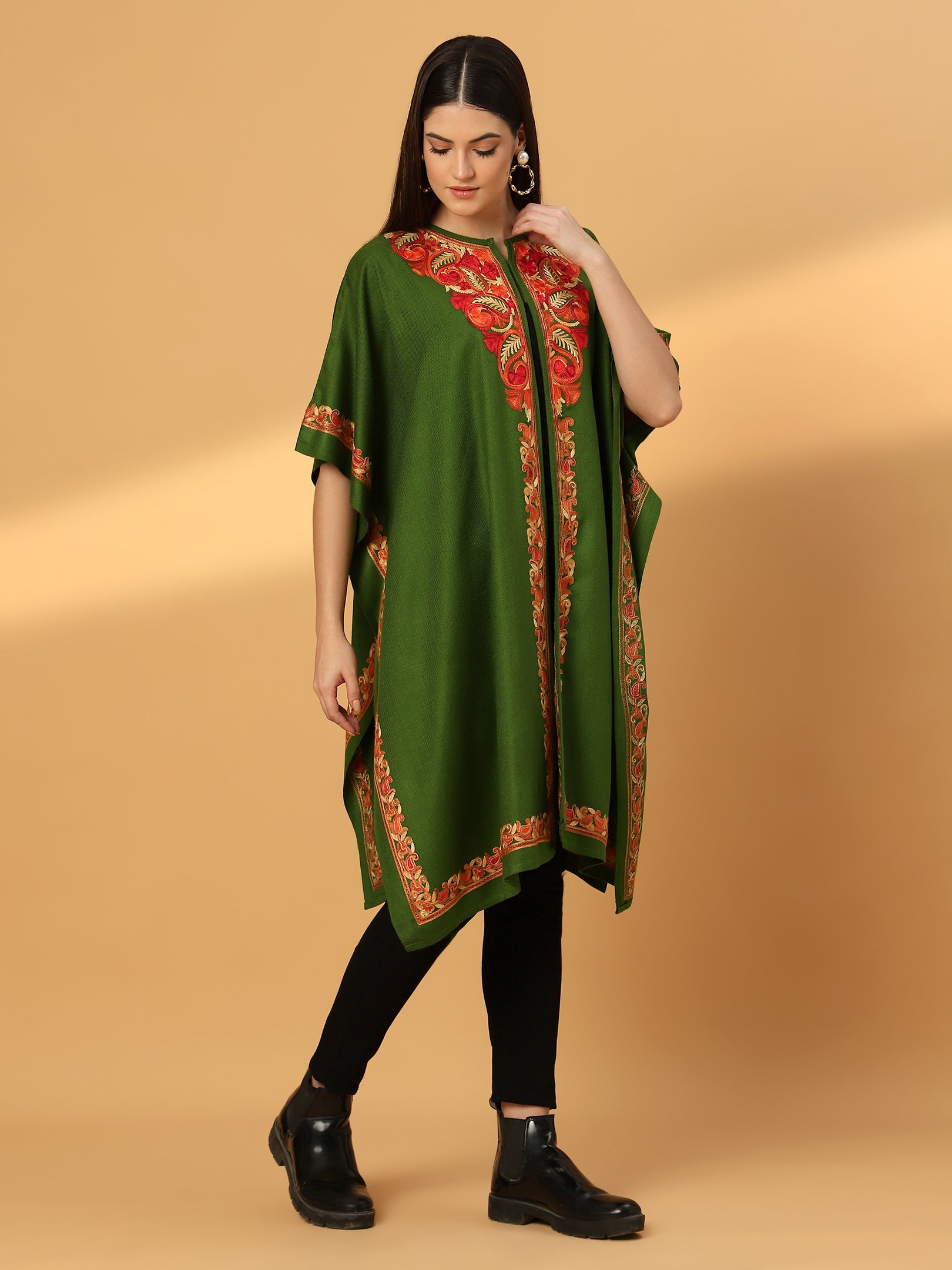Kashmiri Embroidery Green Pheran Shrug