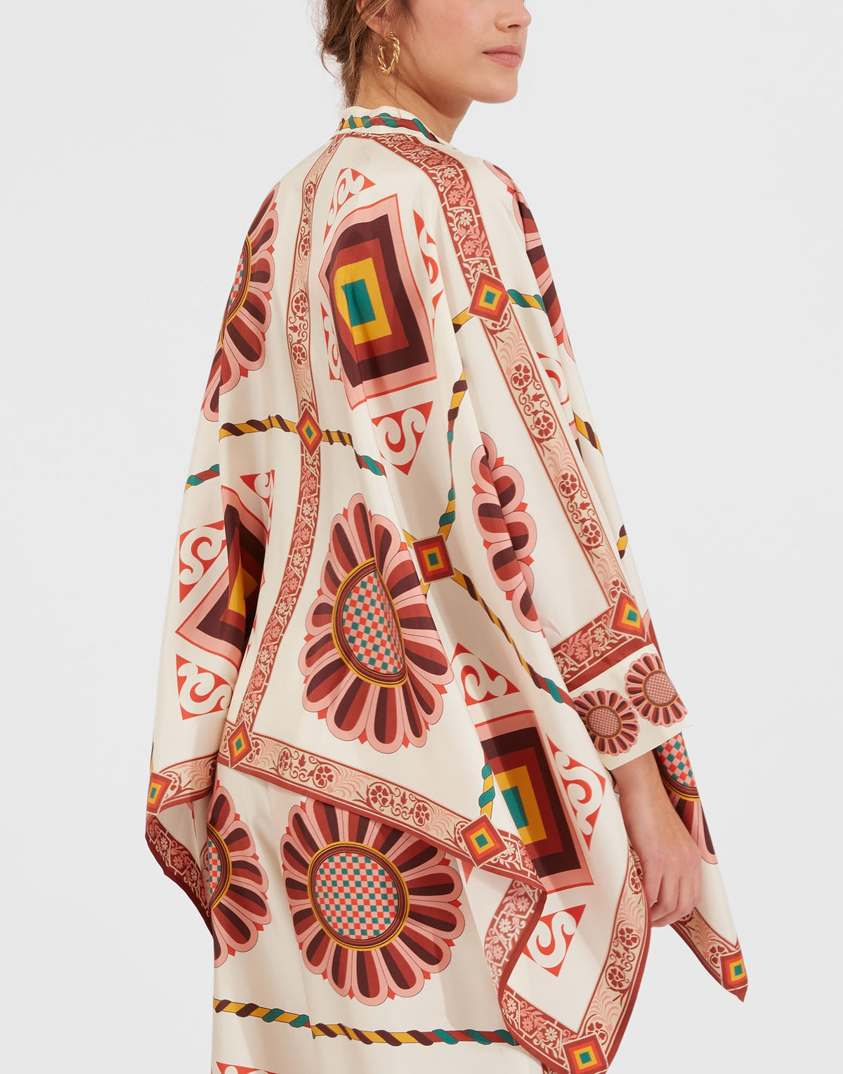 Ivory Retro Medallion Print Cape-Sleeve Co-Ord Set