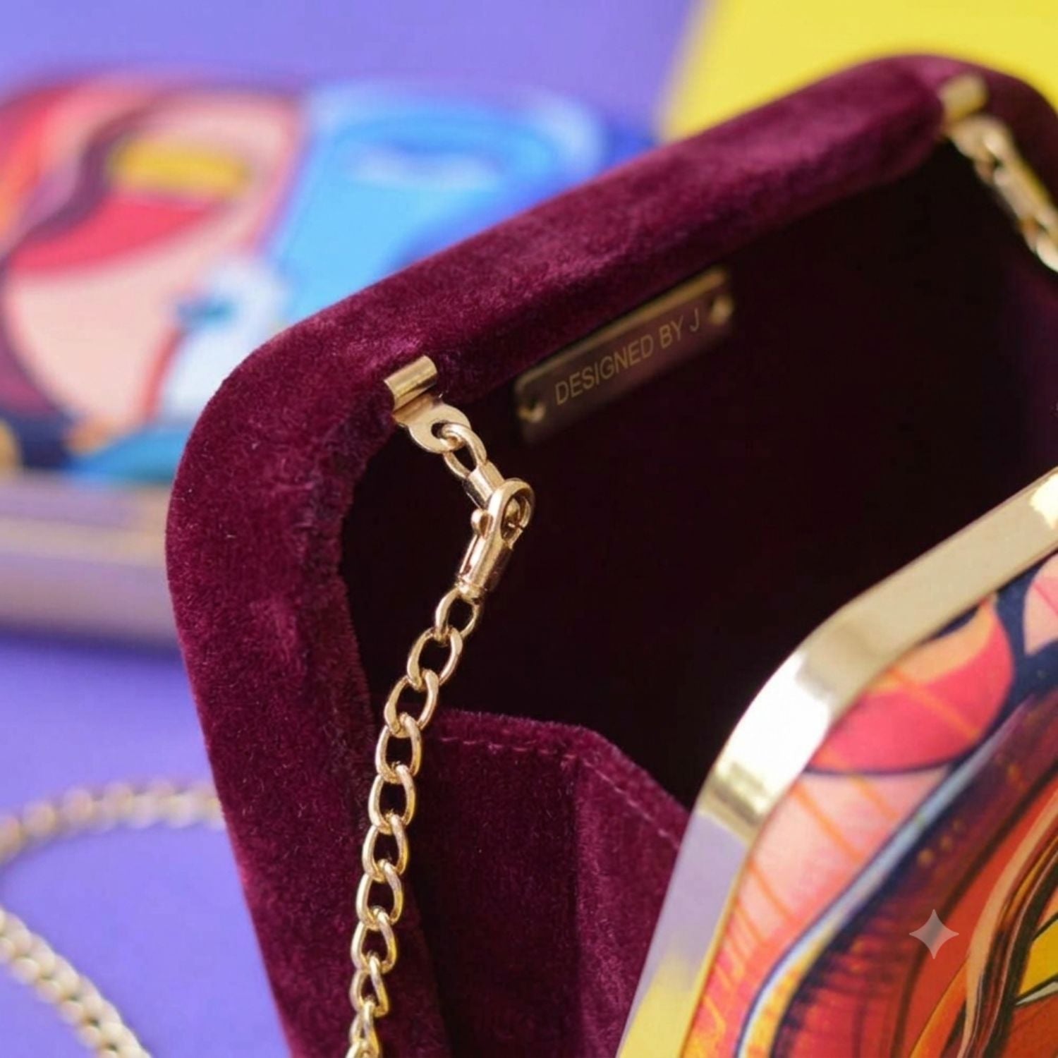 Dual Tone Abstract Face Print Hard Case Clutch Bag with Gold Chain