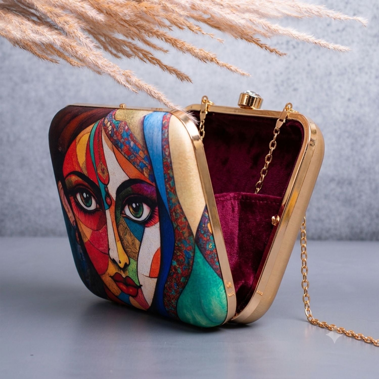 Abstract Art Print Hard Case Clutch Bag with Gold Chain