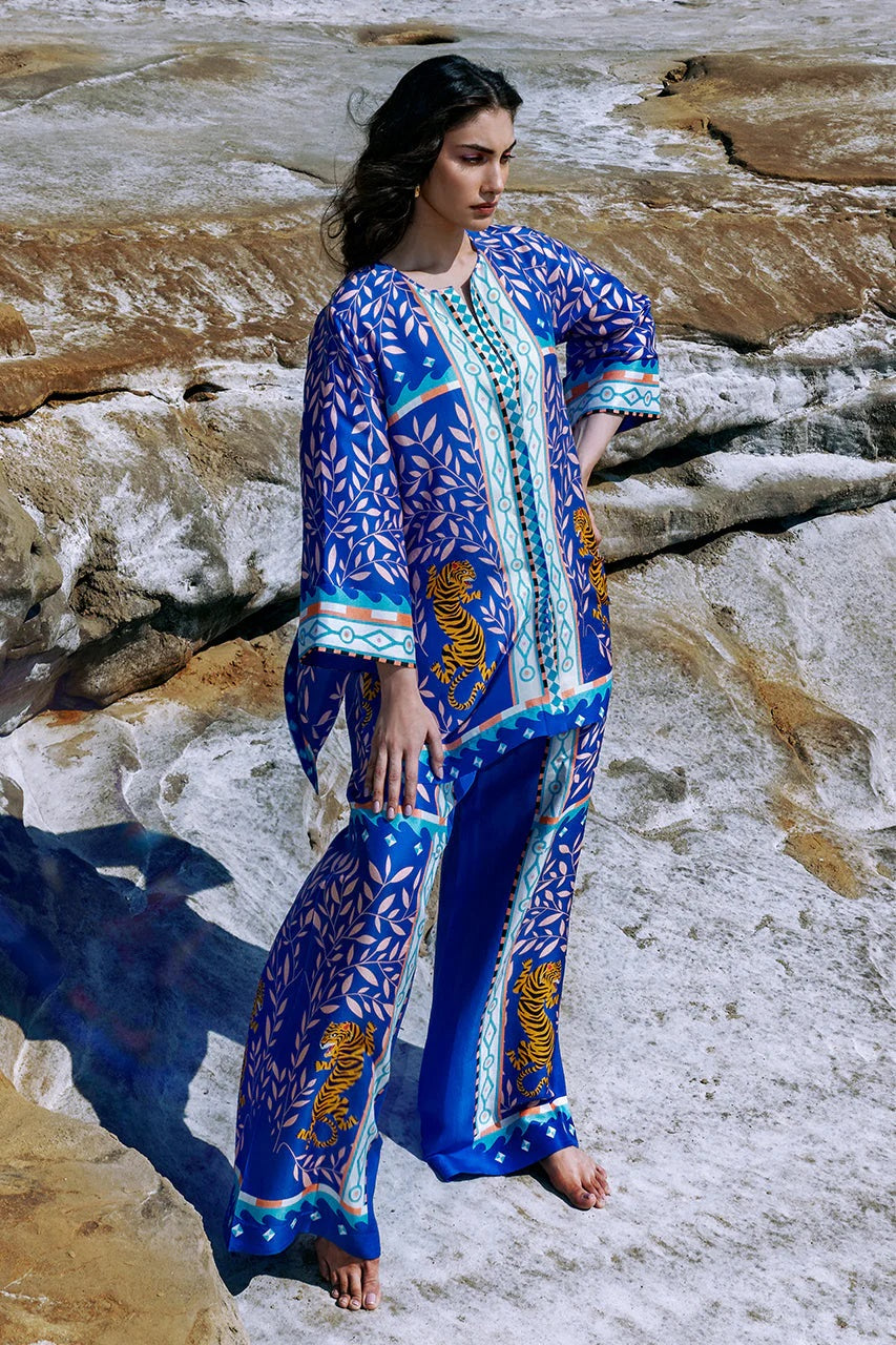 Royal Blue Tiger Print Co-Ord Set – Kaftan Style Kurta & Wide-Leg Pants