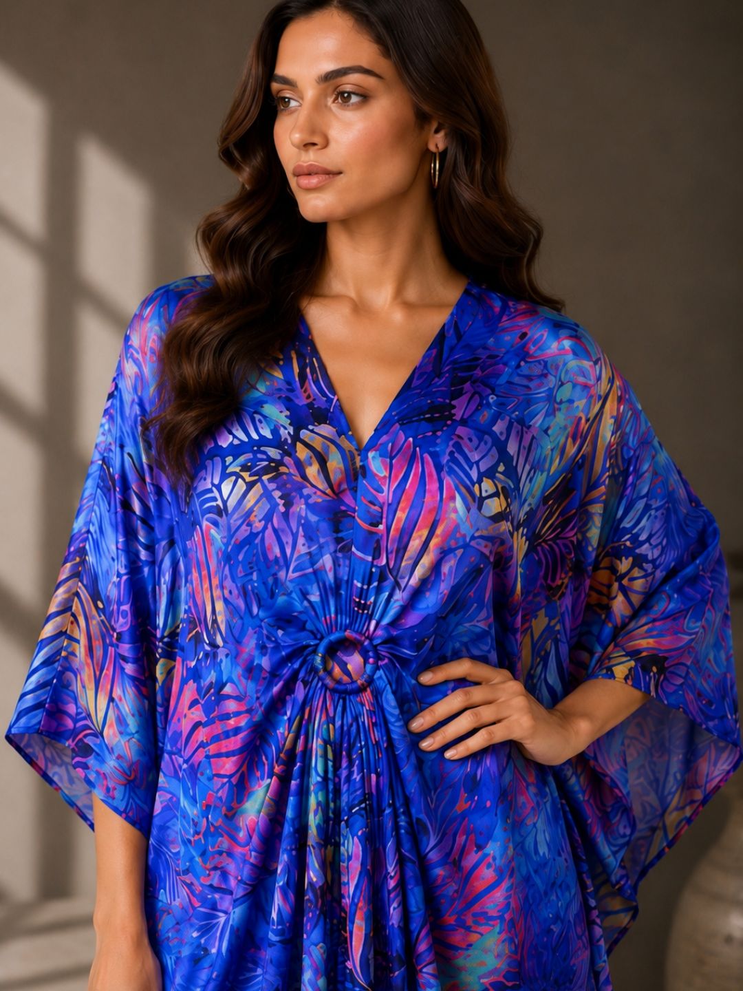 Emerald Bloom Printed Kaftan Maxi Dress with Ring Detail -Blue
