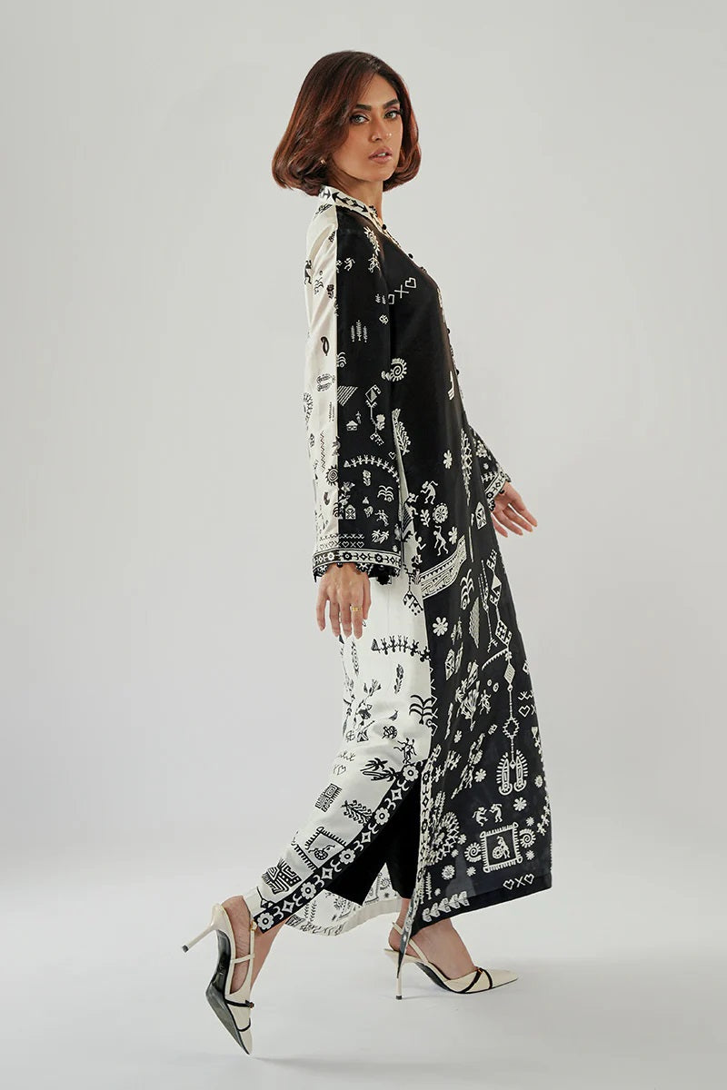 Women’s Black & White Printed Kaftan Dress – Long Sleeve Maxi Kaftan