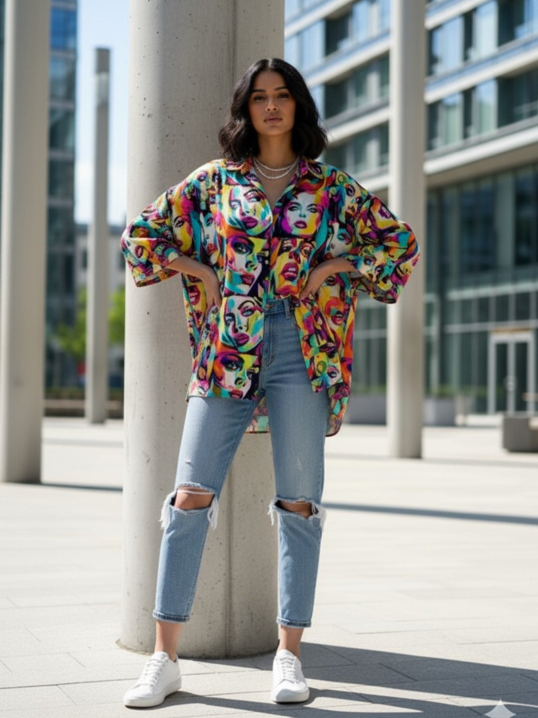 Vibrant Pop Art Face Print Oversized Button-Up Shirt for Women