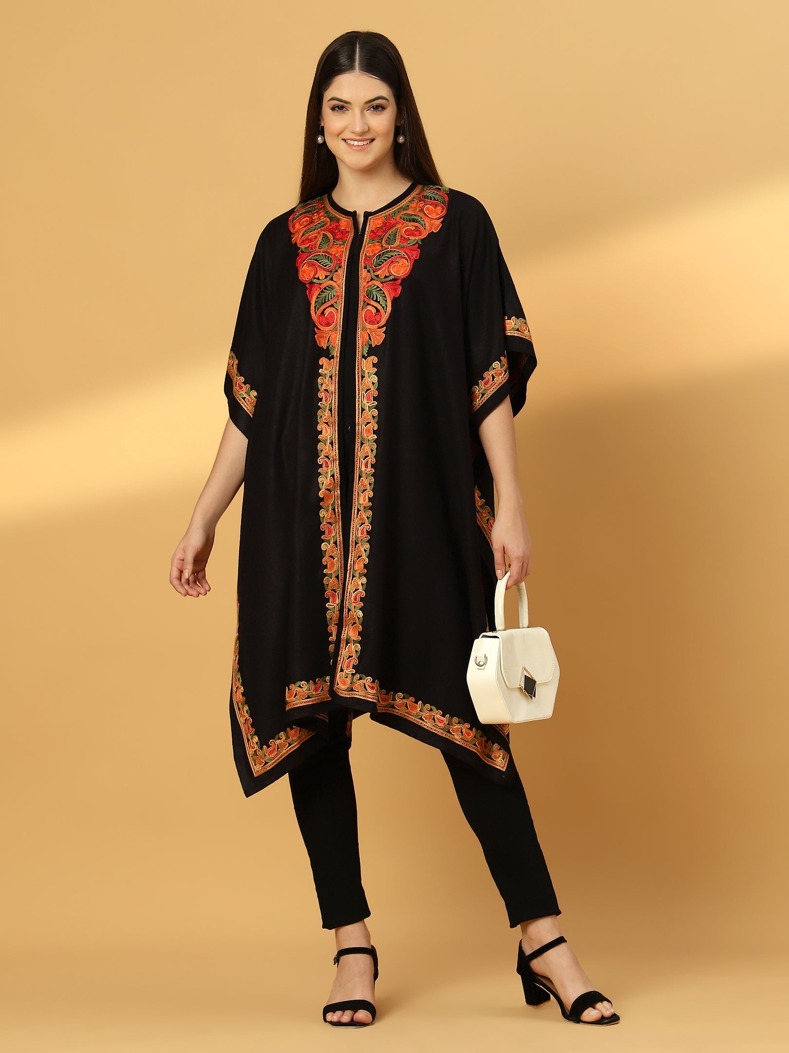 Kashmiri Embroidery Black Pheran Shrug