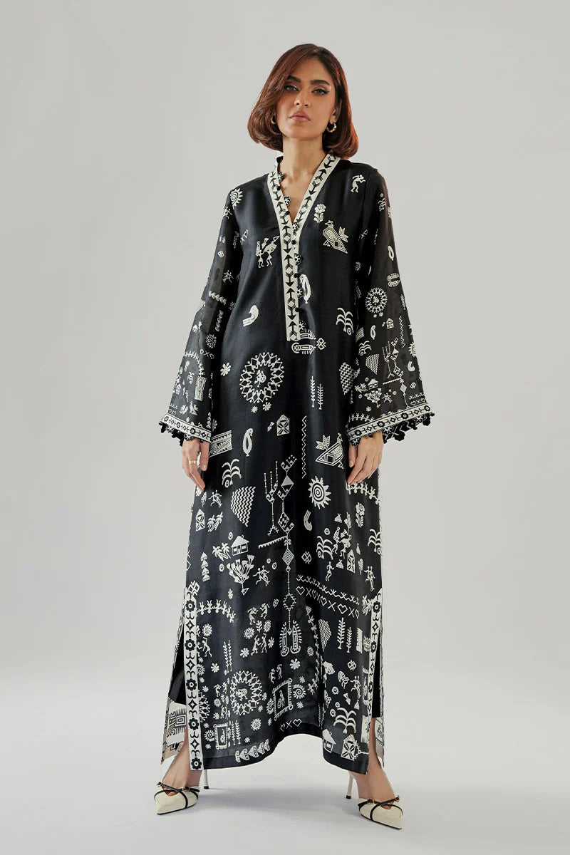 Women’s Black & White Printed Kaftan Dress – Long Sleeve Maxi Kaftan