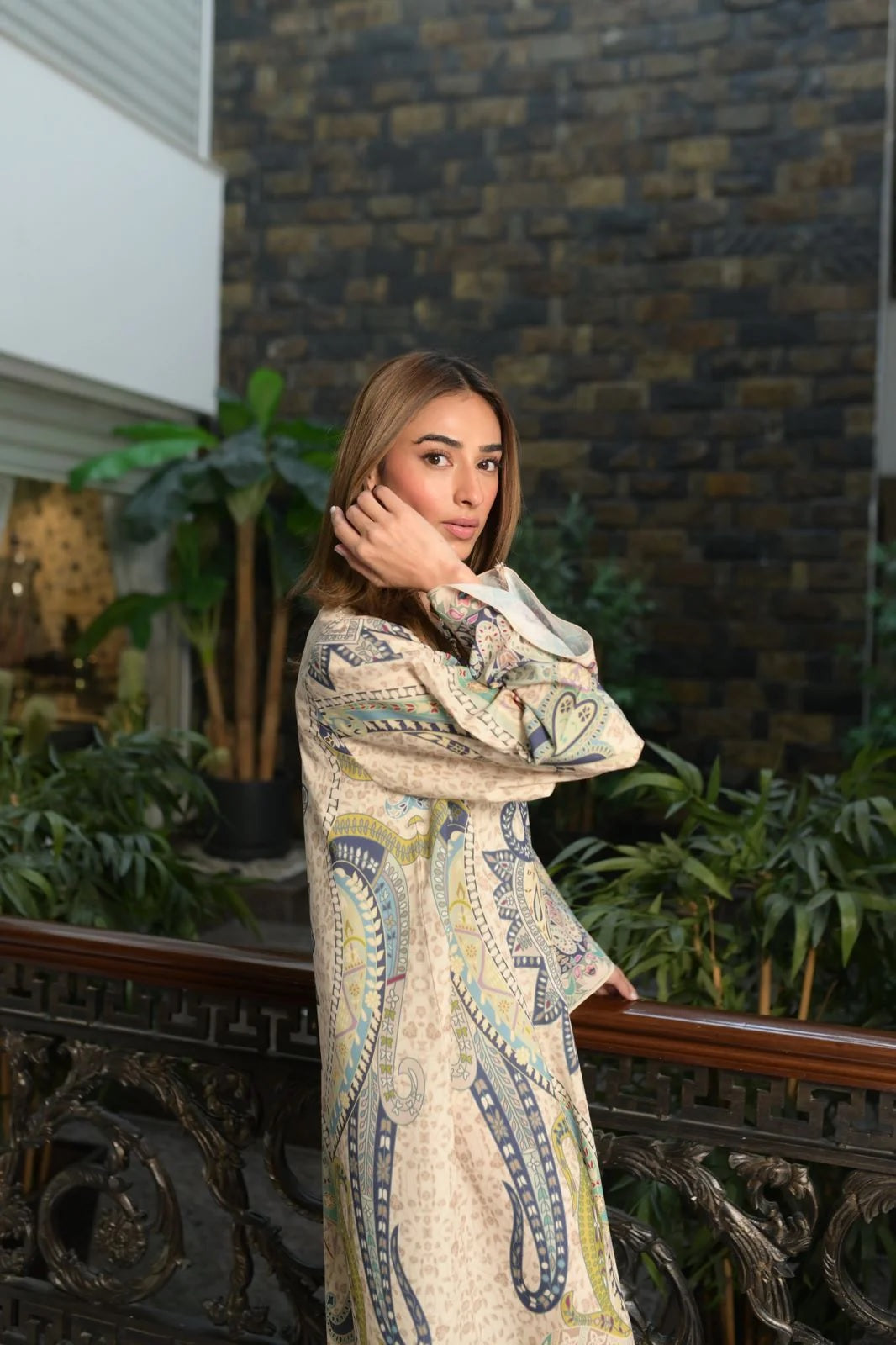 Printed Kaftan Maxi Dress - Beige & Blue Ethnic Print