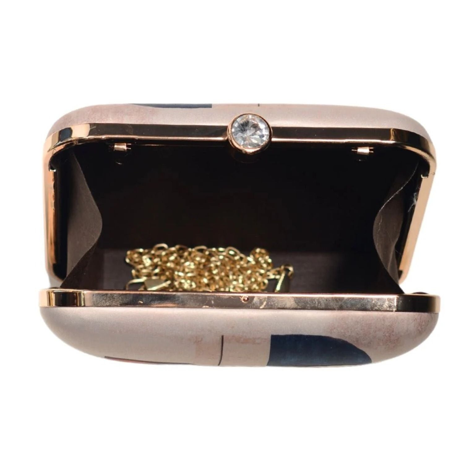Abstract Cubist Face Print Hard Case Clutch Bag with Gold Chain