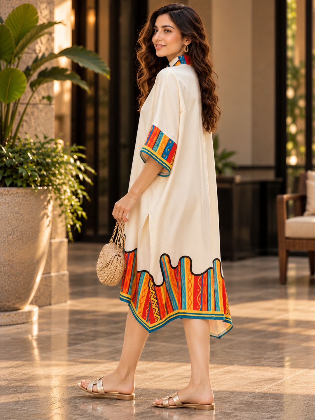 Rainbow Printed Cotton Linen High-low Dress with Flared Hem & Statement Sleeves