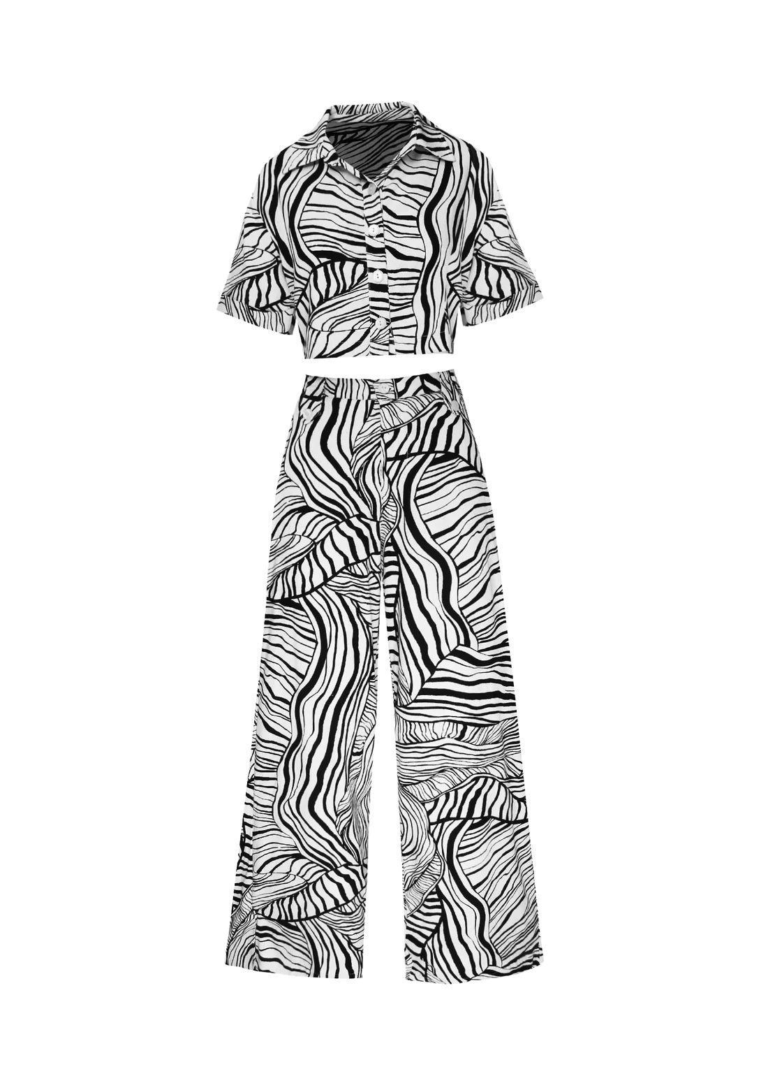 Chic Zebra Print Co-ord Set: Cropped Button-Up Shirt & Wide-Leg Trousers