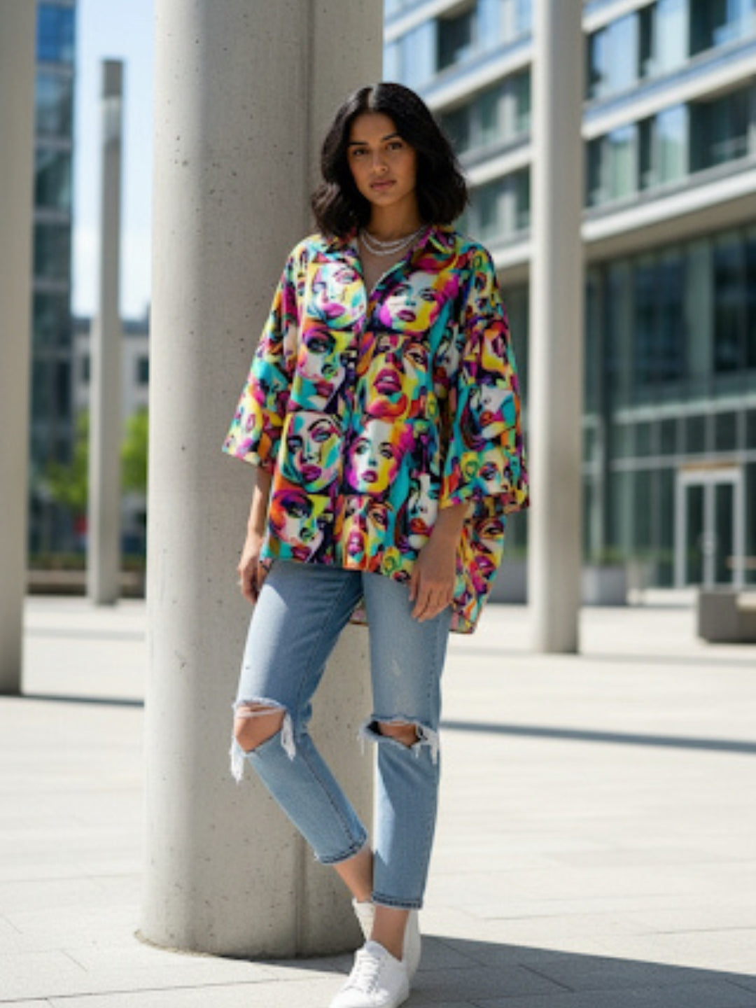 Vibrant Pop Art Face Print Oversized Button-Up Shirt for Women