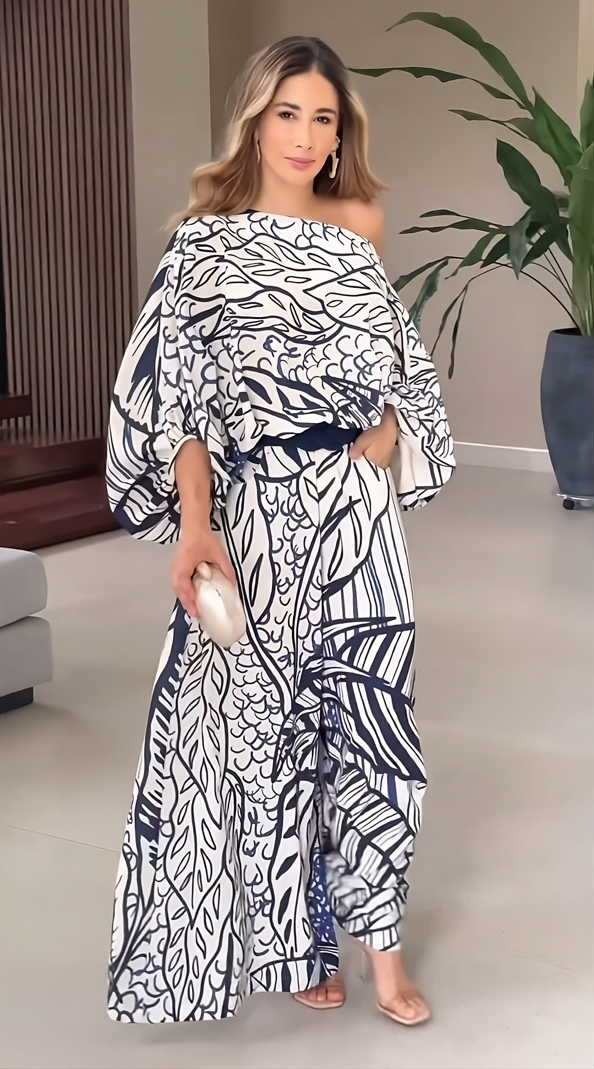 Stylish Leaf-Patterned Blue Printed Off-Shoulder Korean BSY Co-ord Set