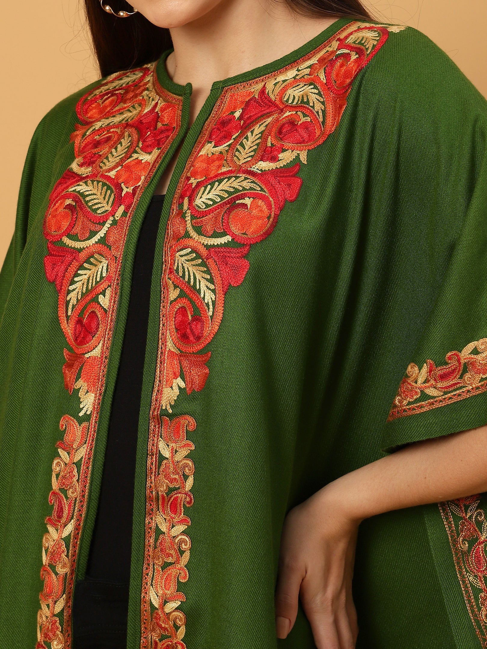 Kashmiri Embroidery Green Pheran Shrug