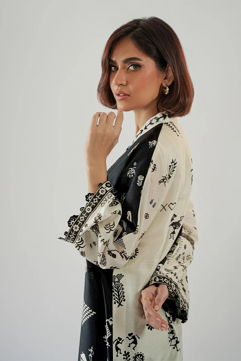 Women’s Black & White Printed Kaftan Dress – Long Sleeve Maxi Kaftan