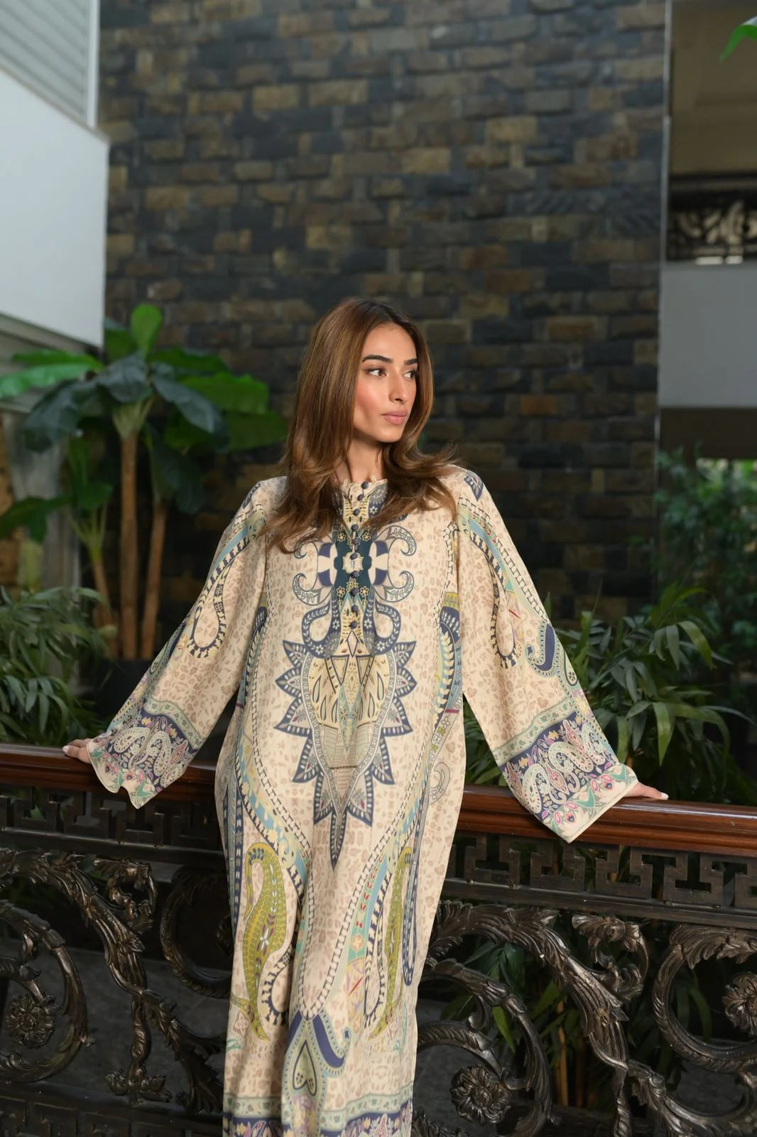 Printed Kaftan Maxi Dress - Beige & Blue Ethnic Print