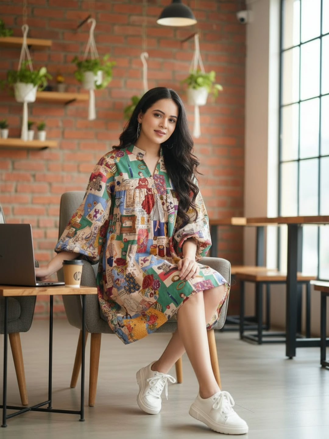 Boho Tailor Print Retro Studio Theme Bell Sleeve Mini Dress for Women - Chic V-Neck Loose Fit A-Line Short Dress with Unique Artistic Print